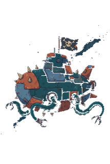 The pirates' spiky ship, flying a skull flag
